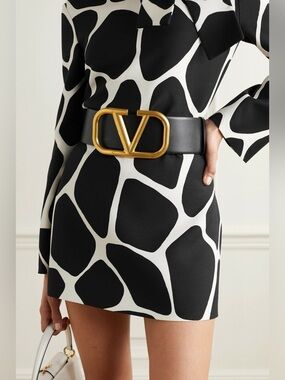 Valentino Black Leather Belt with Gold V Buckle